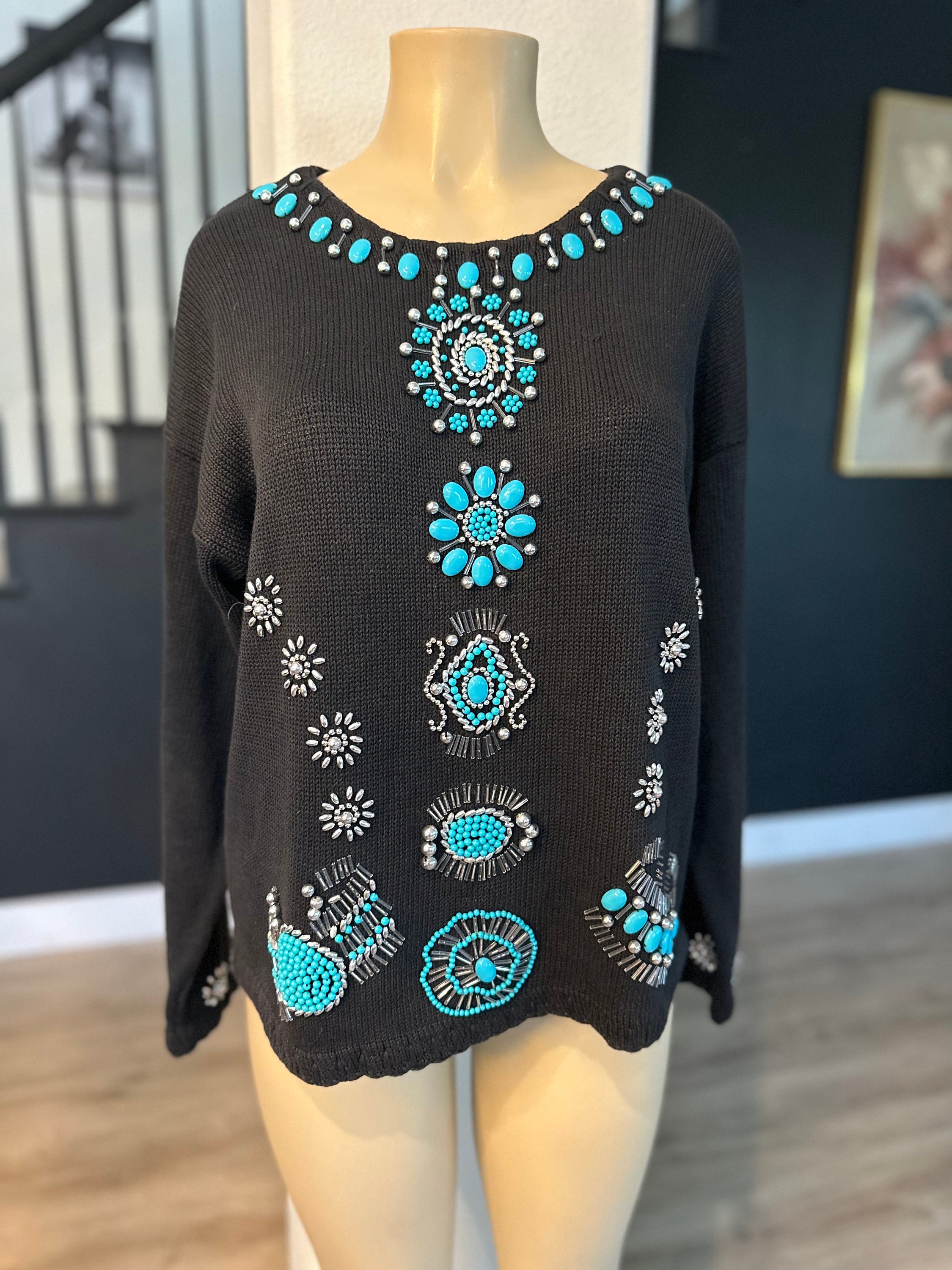 VINTAGE Victoria Jones Beaded Embellished Black Knitted