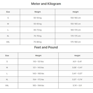 May include: A white chart with black text detailing size, weight, and height measurements. The top section uses the metric system, listing sizes S to XXL with corresponding weights in kilograms and heights in centimeters. The bottom section uses the imperial system, with weights in pounds and heights in feet.
