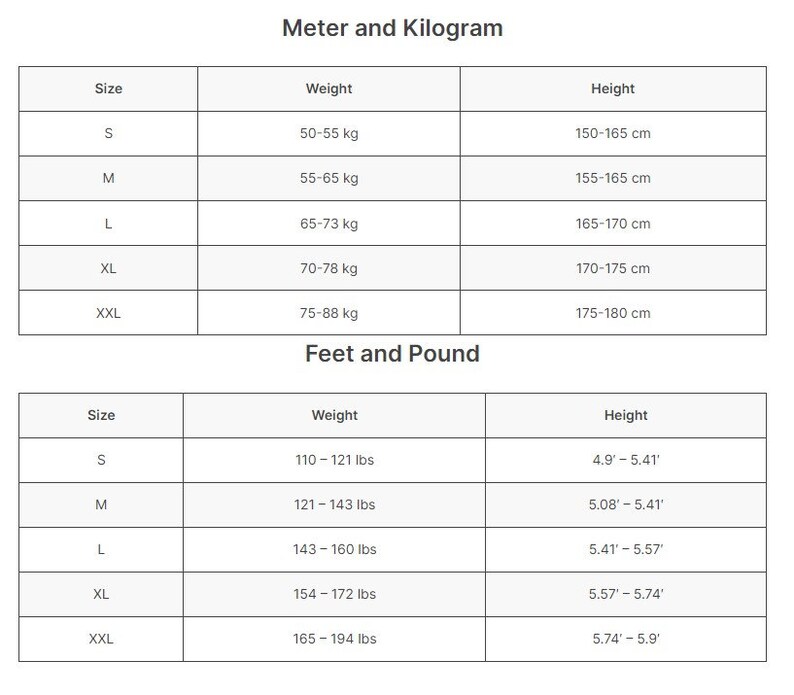 May include: A white chart with black text detailing size, weight, and height measurements. The top section uses the metric system, listing sizes S to XXL with corresponding weights in kilograms and heights in centimeters. The bottom section uses the imperial system, with weights in pounds and heights in feet.