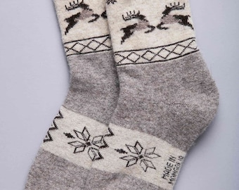 100% Sheep Wool Socks with Snowflakes and Deer