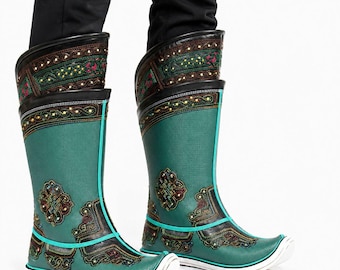 Mongolian 17 th Century Traditional Green Boots with 32 Ornaments