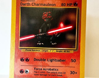 May include: A red and black Pokemon card featuring Darth Charmauleon, a flame Pokemon with a red lightsaber. The card text reads "Double Lightsaber 50" and "Force Acrobatics Flip 2 coins. This attack does 20 more damage for each heads."