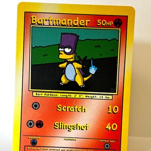 May include: A parody Pokemon card featuring Bart Simpson from The Simpsons as a fire-type Pokemon called Barimander. The card has a yellow background with red and black accents. The card has a picture of Bart Simpson as a Pokemon with purple hair and a yellow body. The card has the text "Barimander 50HP" at the top and "Bart Pokemon. Length: 2' 0", Weight: 19 lbs." at the bottom. The card also has the text "Scratch 10" and "Slingshot 40" for the attacks.