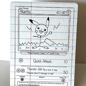 May include: A black and white illustrated Pokemon trading card featuring Pikachu, a mouse Pokemon. The card has a white background with blue lines and black text. The text on the card reads "Basic Pokemon Pikachu 40 HP" and "Quick Attack 10". The card also has a description of Pikachu's abilities, "Thunder Jolt Flip a coin. If tails, Pikachu does 10 damage to itself."