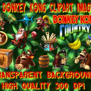 May include: A collection of 99 Donkey Kong clipart images with transparent backgrounds. The images include various characters, objects, and the Donkey Kong Country logo. The text reads "High Quality 300 DPI".