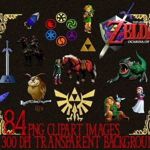 May include: A collection of 84 PNG clipart images with transparent backgrounds, featuring characters and symbols from "The Legend of Zelda: Ocarina of Time." Includes Link, a sword, shield, and other iconic elements.
