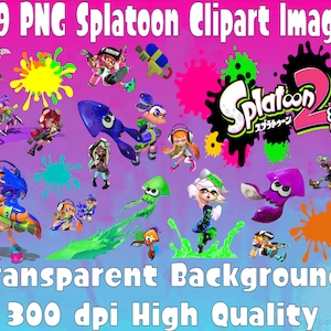 以下が含まれることがあります： 透明な背景を持つ109個のPNGスプラトゥーンクリップアート画像のコレクション。インクリング、イカ、インクの飛沫など、ビデオゲームSplatoon 2のキャラクターと要素が特徴です。画像は300 dpiの高画質です。