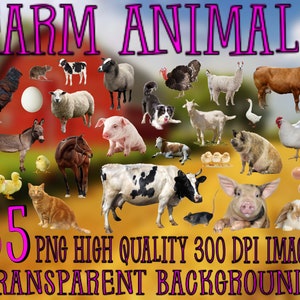 May include: A collection of 85 high-quality farm animal images with transparent backgrounds. The images include a variety of animals, such as cows, pigs, sheep, chickens, goats, horses, donkeys, and more.