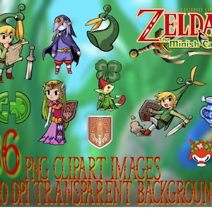May include: A collection of 36 PNG clipart images with transparent backgrounds, featuring characters and elements from "The Legend of Zelda: The Minish Cap." Includes Link, Zelda, and other game-related graphics in a cartoon style.