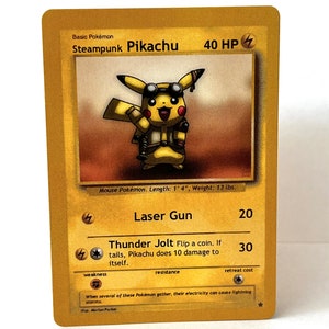 May include: A gold Pokemon card featuring a steampunk Pikachu with goggles and a laser gun. The card text reads "Basic Pokemon, Steampunk Pikachu, 40 HP, Mouse Pokemon. Length: 1'4", Weight: 13 lbs. Laser Gun 20, Thunder Jolt Flip a coin. If tails, Pikachu does 10 damage to itself. 30".