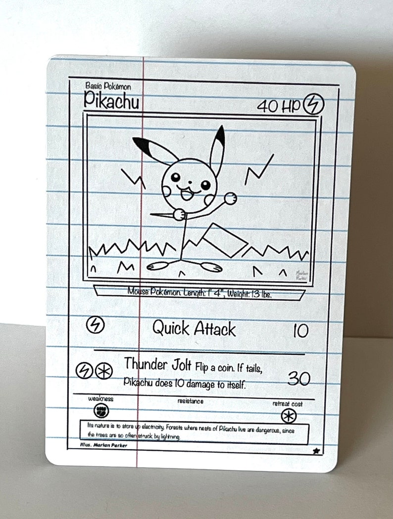 May include: A black and white illustrated Pokemon trading card featuring Pikachu, a mouse Pokemon. The card has a white background with blue lines and black text. The text on the card reads "Basic Pokemon Pikachu 40 HP" and "Quick Attack 10". The card also has a description of Pikachu's abilities, "Thunder Jolt Flip a coin. If tails, Pikachu does 10 damage to itself."