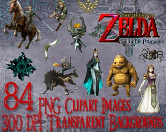 May include: A collection of 84 PNG clipart images from The Legend of Zelda: Twilight Princess, featuring characters, creatures, and symbols from the game. The images have transparent backgrounds and are 300 DPI.