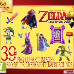 May include: A collection of 39 PNG clipart images from "The Legend of Zelda: A Link Between Worlds" video game. The images include characters, weapons, and game elements on a yellow background. The text "Nintendo Selects" is visible.