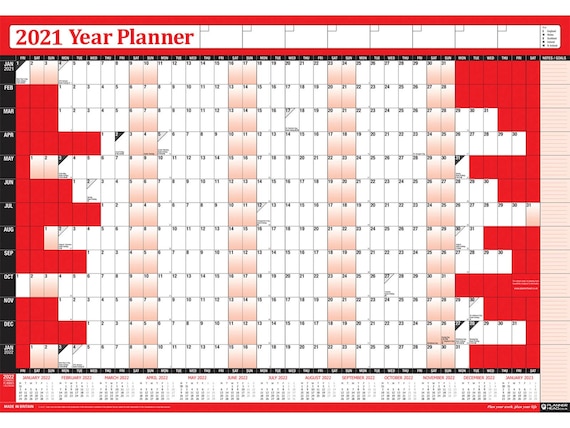 2021 RED Yearly Wall Planner Calendar Office Work Holidays Chart *Laminated*