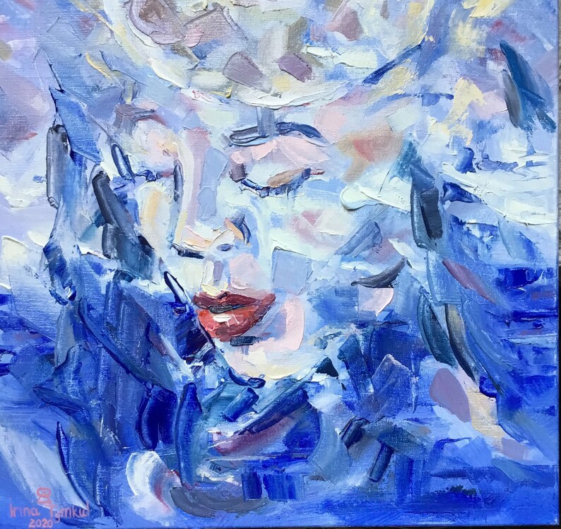 Unique Blue Painting Wall art Woman Portrait Female portrait Etsy