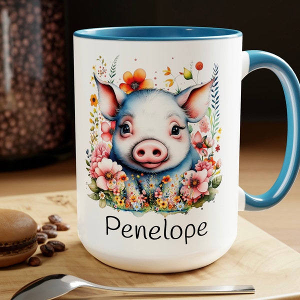 Pig lover mug large pig coffee cup gift for her cute pig cup gift for pig lover baby pig theme mug personalized pig mug Coffee Mugs, 15oz