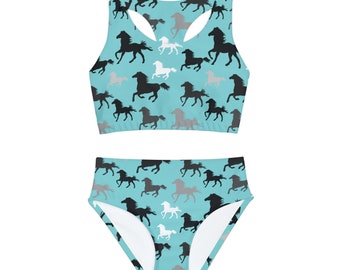 Horse print Two Piece Swimsuit youth colorful girls swim suit cute swim suit for horse lover beach wear for little girl horse bathing suit