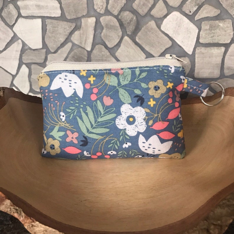 Floral gray blue zipper pouch coin purse credit card wallet