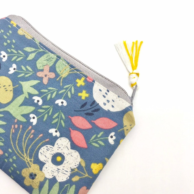Floral gray blue zipper pouch coin purse credit card wallet