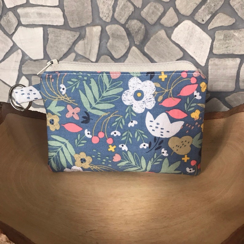 Floral gray blue zipper pouch coin purse credit card wallet