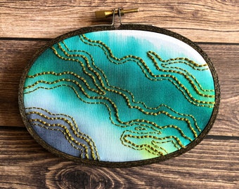 Gold and Green Watercolor Hand Embroidery Decor Art Piece | Bohemian Art | Handmade Embroidery Art | Boho and Deco Art