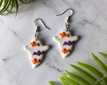 White Ghosts with Multicolored Bats Polymer Clay Earrings | Halloween Earrings | Holiday Earrings | Seasonal Earrings | Spooky Season