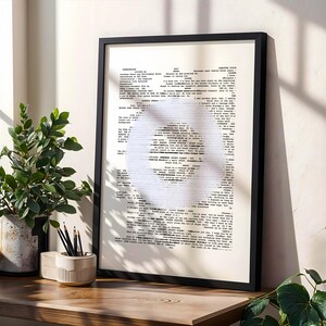May include: A framed print with a black border, featuring a white background filled with text in a unique shape. The print is displayed on a wooden surface, next to a potted plant and a pencil holder with pencils.