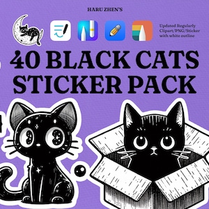 40 Schwarze Katzen Digitale Aufkleber - 2D Flach, weich, süß, schwarze Kätzchen, Goodnotes Aufkleber, PNG, Katzen Digital Journaling Set, Transparent