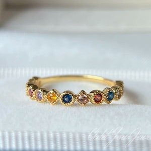 Sparkly Rainbow Eternity Bezel Set Gold Silver Band  Stackable Ring Colorful Healing Stone Ring - Multicolor Ring Boho Jewelry Gift for her