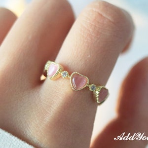 Pink Cats Eye Stone heart Ring, Adjustable Simulated Moonstone Ring, Stones Ring, Dainty Birthstone Ring, heart rings,pink gemstone ring