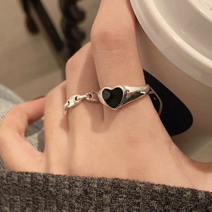 2pcs/Set Black heart Adjustable White gold plated Ring,Simple Rings,Rings for gift, Adjustable Ring,Stacking Ring,Gift For Her, Chain ring
