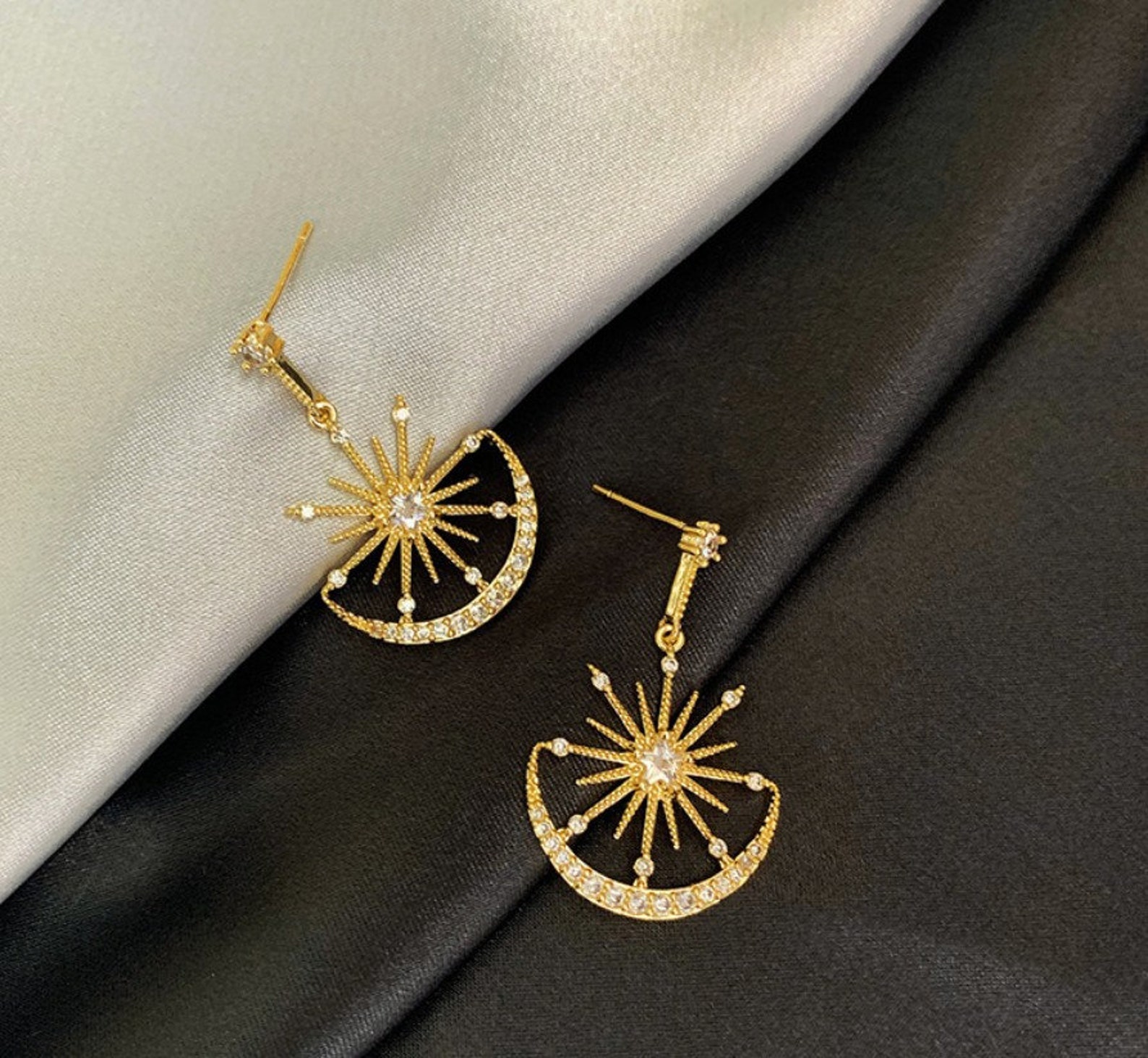 Moon Star 18k Gold plated earrings Drop earrings Simple Etsy