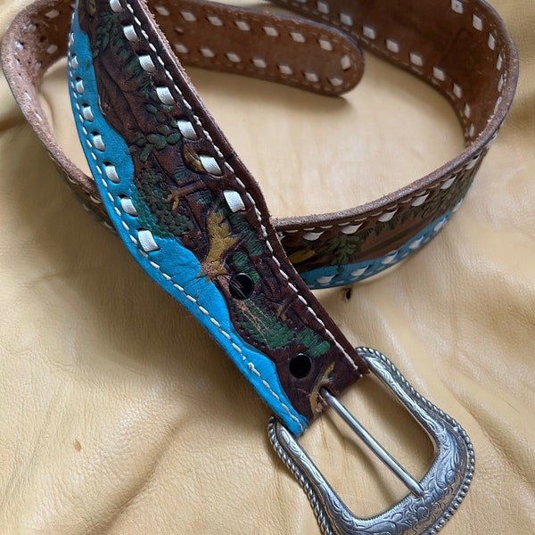 Vintage Hand Painted Laced Leather Western Belt