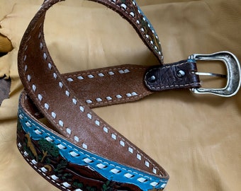 Roris Painted Beltz Hand Painted Black and Blue Leather Belt  display picture 2