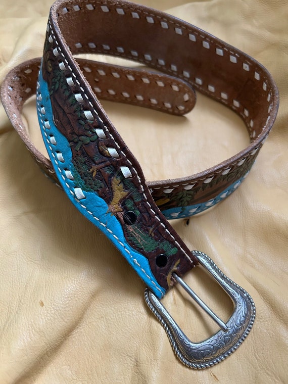 Vintage Hand Painted Laced Leather Western Belt