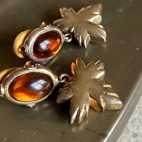 Vintage Escada Amber Gold Tone Drop Leaf Clip Earrings