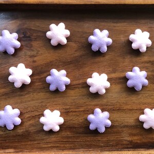 以下が含まれることがあります： 木製の表面に、紫と白の2色で12個のフェルトの花の形が並んでいます。