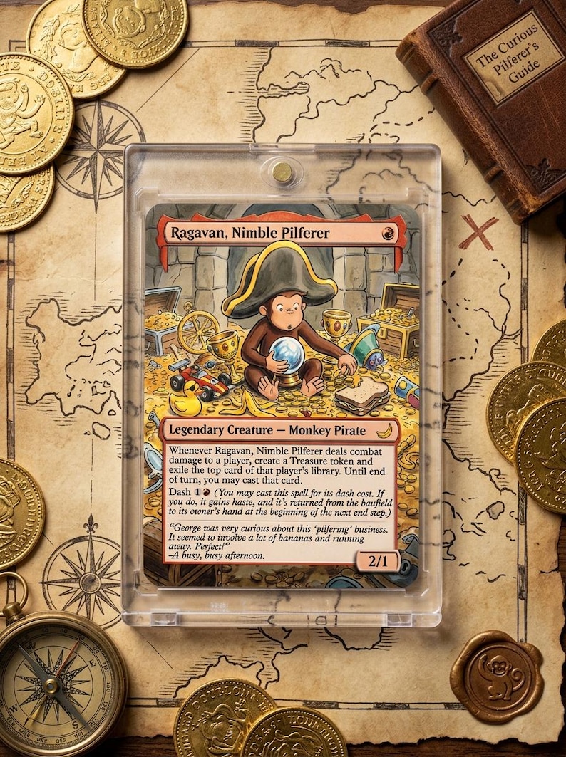 Op de afbeelding: Een Magic: The Gathering-kaart met Ragavan, Nimble Pilferer, een Monkey Pirate. De kaart zit in een beschermhoes, omringd door gouden munten, een kompas en een kaart. Een boek getiteld "The Curious Pilferer's Guide" is ook zichtbaar.