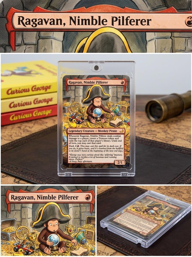 Op de afbeelding: Een Magic: The Gathering kaart "Ragavan, Nimble Pilferer" in een beschermhoes. De kaartafbeelding toont een aap-piraat omringd door schatten. Op de achtergrond staan "Curious George" boeken en een messing telescoop. De tekst op de kaart is zichtbaar.