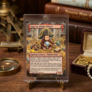 Op de afbeelding: Een Magic: The Gathering-kaart met Ragavan, Nimble Pilferer, een apenpiraat. De kaart zit in een beschermhoes, gepresenteerd op een gouden standaard. De illustratie toont een aap met een piratenhoed, omringd door schatten.