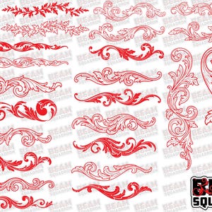 Puede incluir: Una colección de adornos y bordes decorativos rojos en varios diseños. La imagen presenta volutas ornamentadas, patrones florales y motivos de hojas estilizadas. El texto "BEAM SQUADRON" es visible en la esquina inferior derecha.