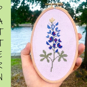 May include: An oval cross-stitch embroidery of a bluebonnet flower in a wooden hoop. The flower is blue, red, and yellow with green leaves. The word "PATTERN" is written vertically in black letters on a green background.