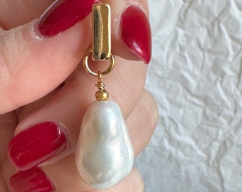 Faux baroque pearl earrings. Large shell pearl hoops earrings. 24k gold plated pearl earrings. Vegan pearl earrings. Gift ideas for her