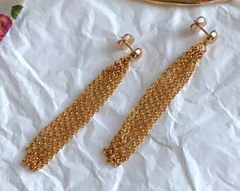 Fringe studs. Long chain gold earrings. Friendship gift for women. Dangle 2.8” chain 24K plated studs. Tessel studs. Valentine gift for her