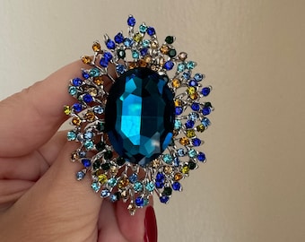 Ocean Blue Brooch, Crystal Statement Brooch, Rhinestone Pin, Ready For Gift
