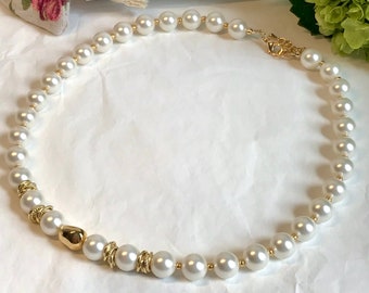 24K gold plated Shell pearl necklace. Handmade 10 mm pearl necklace. Large Majorca necklace. Shell pearl choker 17” Fashion cocktail chocker