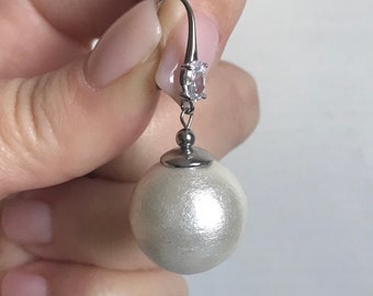 Large cotton pearl dangle earrings. Chunky pearl drops earrings.  Cotton pearls earrings. Big bead silver earrings. Big pearl earrings.