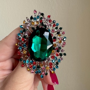 Emerald Green Brooch, Large Crystal Rhinestone Statement Pin, Vintage Style Brooch, Gift for Her