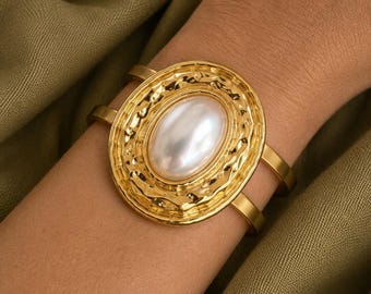 Sculptural Gold Cuff Bracelet | Hammered Faux Pearl Statement Cuff