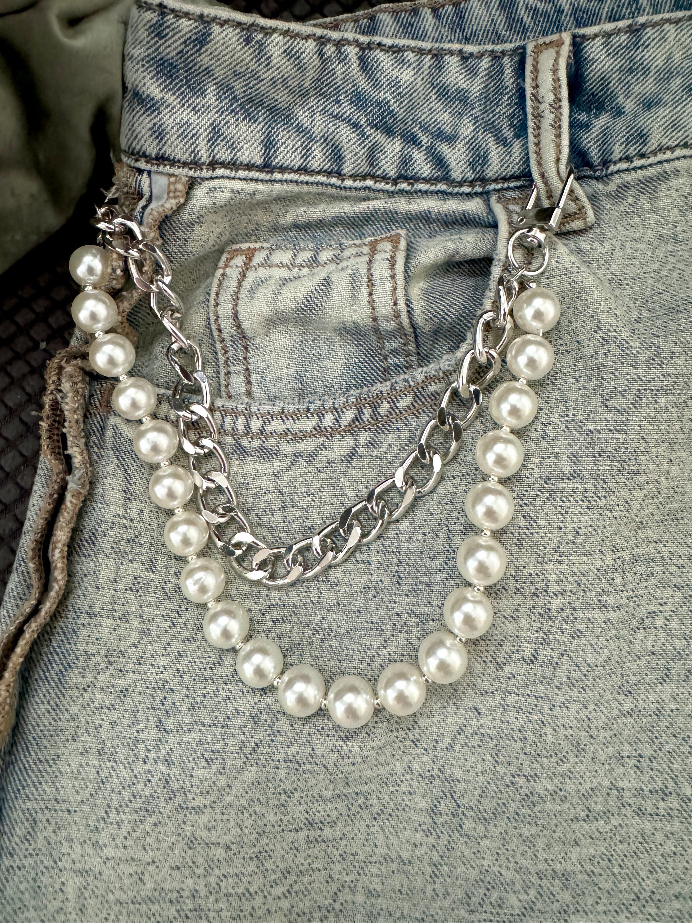 Pearl Pant Chain Silver, Faux Pearl Belt Jeans Chain, 12